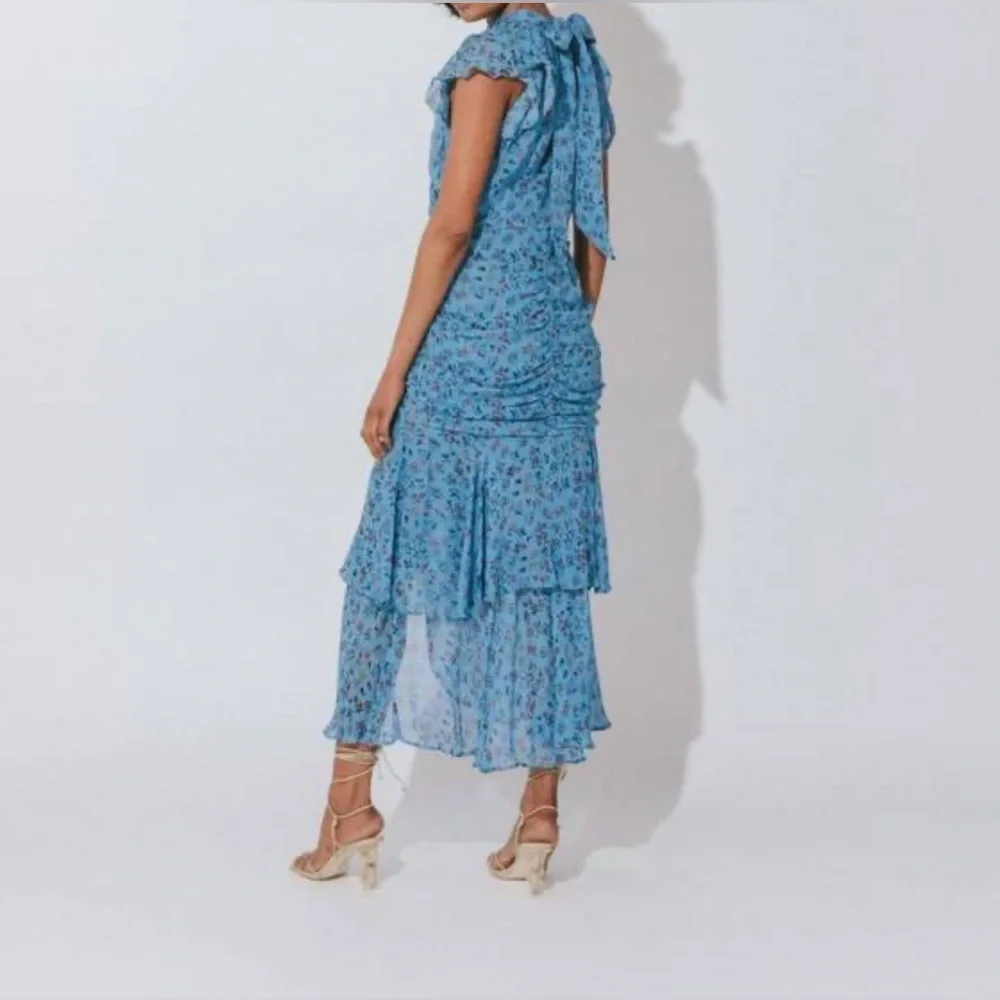 Cleobella Cecilia Blue Floral Chiffon Tiered Slit Midi Dress Lapis Block‎ Print - Picture 6 of 16